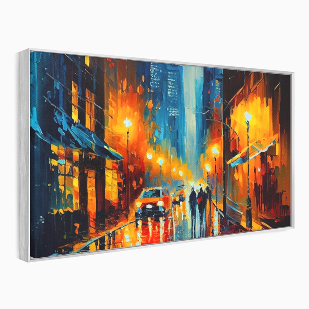 Tablou canvas cu pictura stradala cu oras plouat, in rama de aluminiu argintiu
